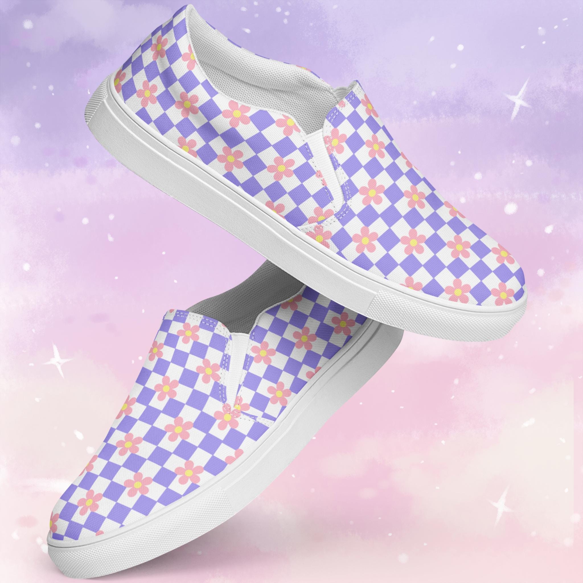 Lavender And White Checkered Canvas Slip On Shoes
