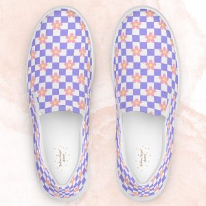 Lavender And White Checkered Canvas Slip On Shoes